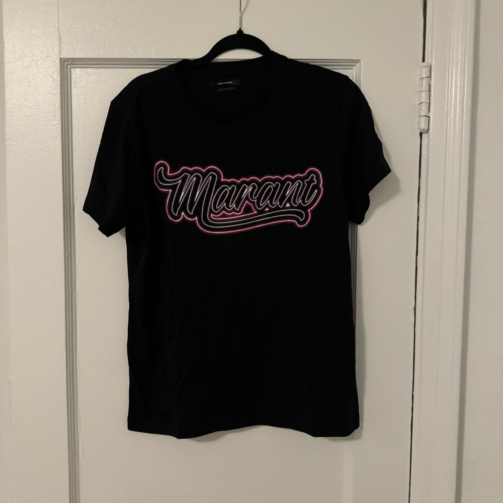 Isabel Marant Black Tee with Pink Script Logo